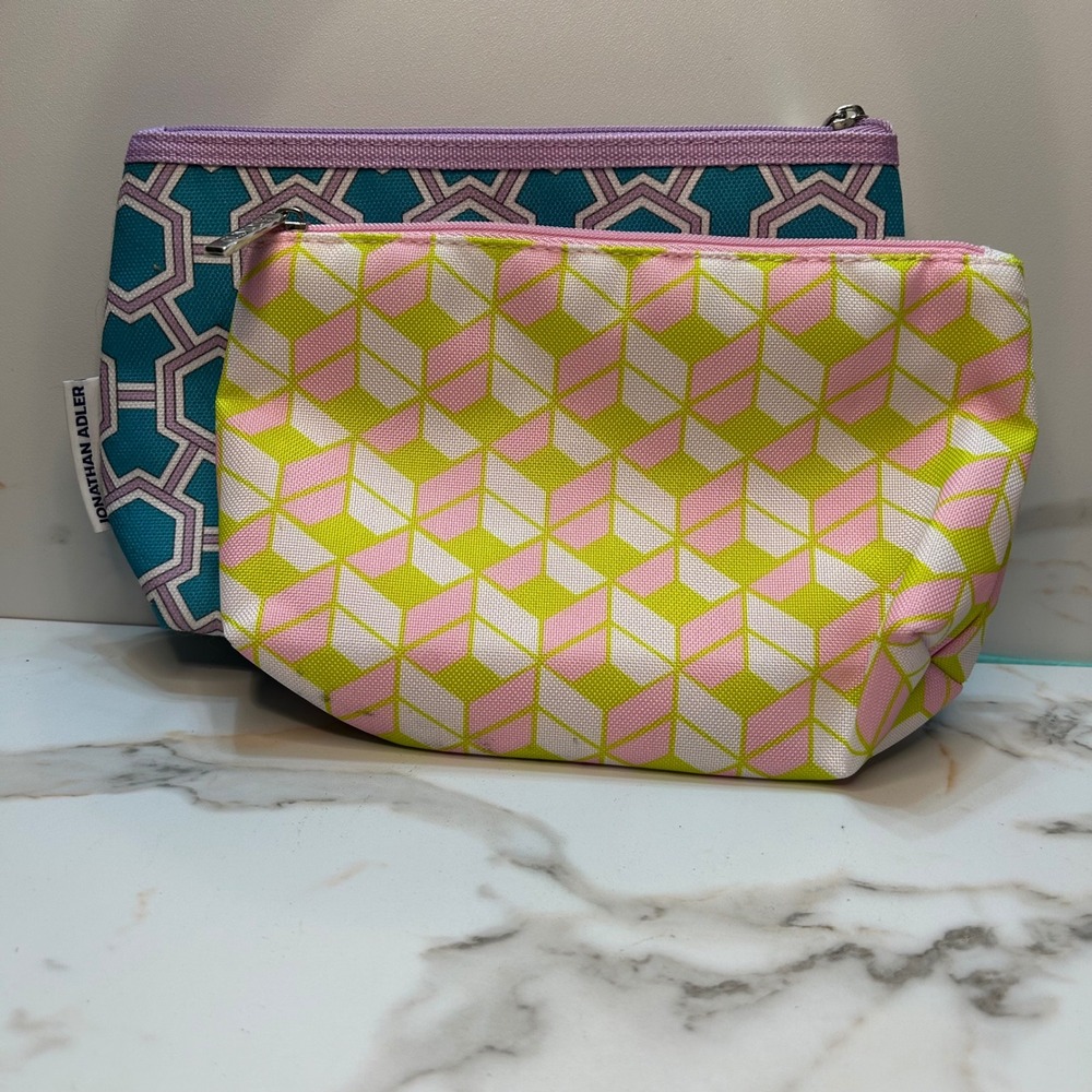Jonathan Adler Clinique Makeup Bag Set Geometric Teal Pink Cosmetic Pouch 2pc